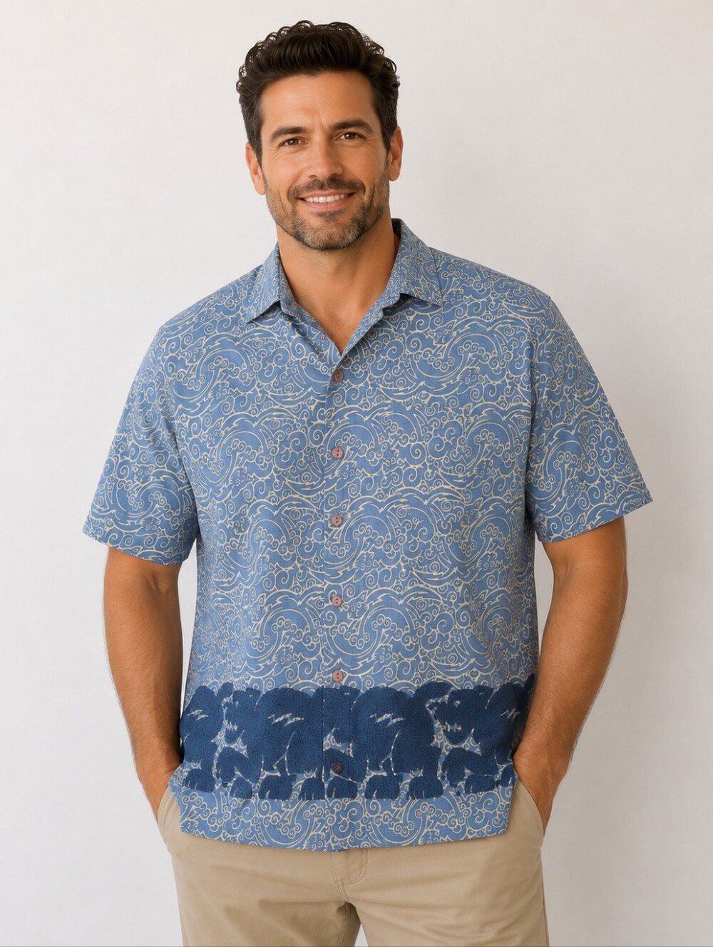 Cool Stuff Vintage Short Sleeve Button Up Shirt Cotton Hawaiian Blue Mens L